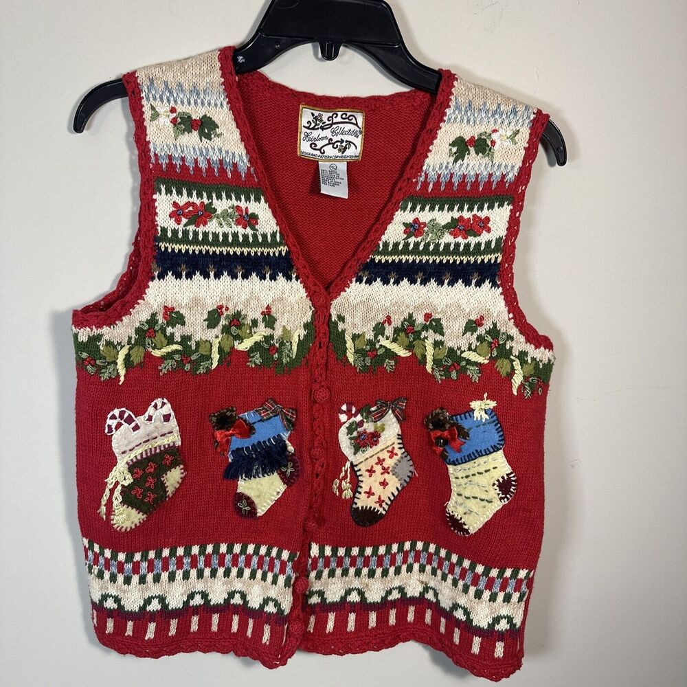 Vintage 1999 Heirloom Collectibles Christmas Stockings Sweater Vest , Size L